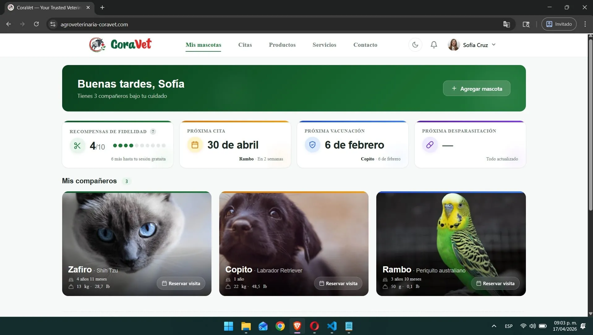 Captura del panel del cliente en CoraVet