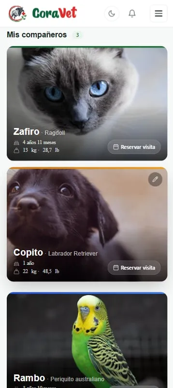 Captura de la aplicación CoraVet en móvil
